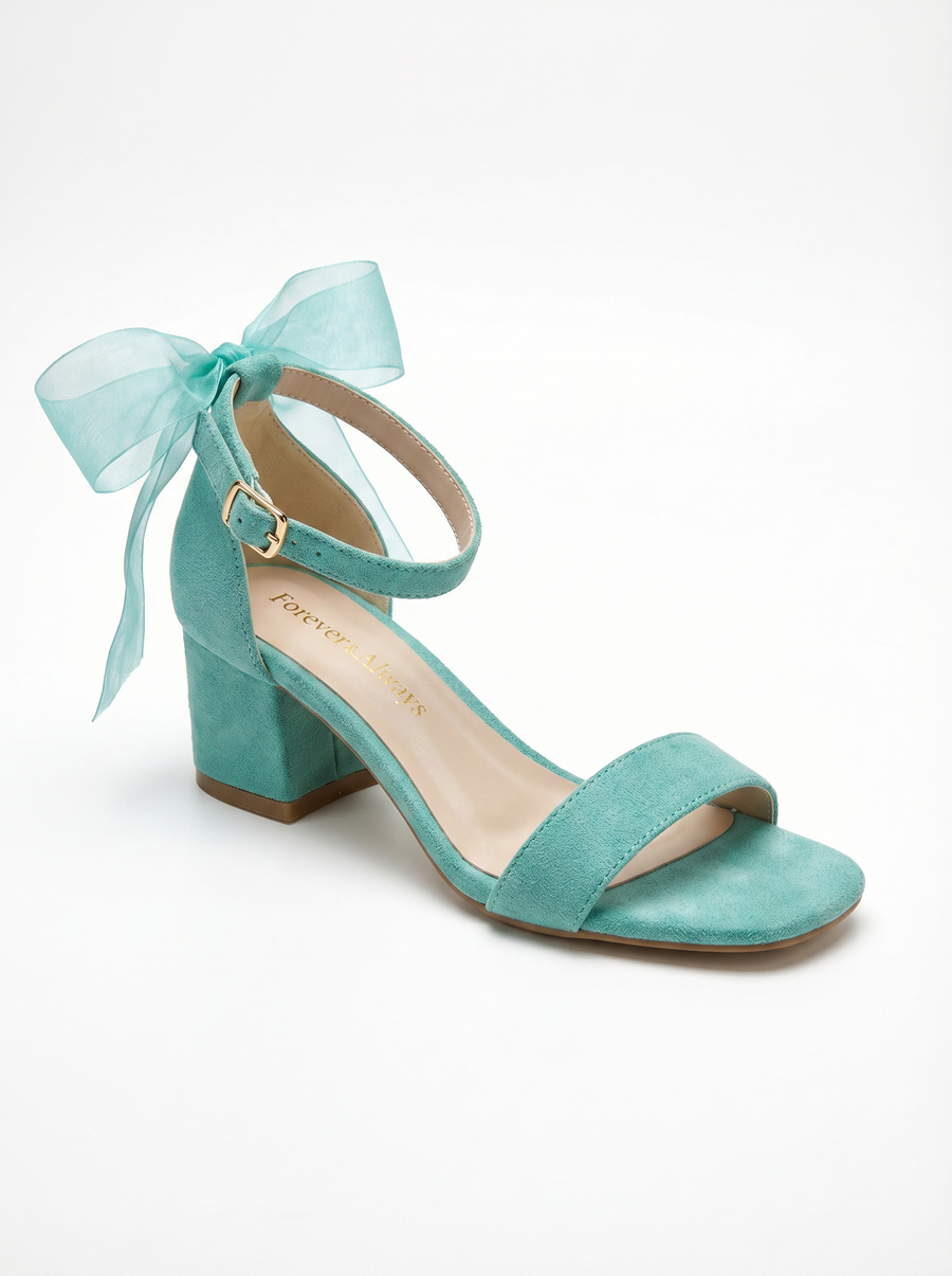 Rochelle Aqua Suede Organza Tulle Ribbon Ankle Strap Block Heel Sandal