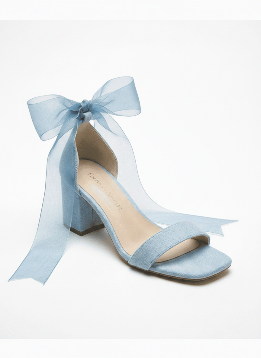 Rova Blue Suede Organza Ribbon Ankle Strap Block Heel Sandal