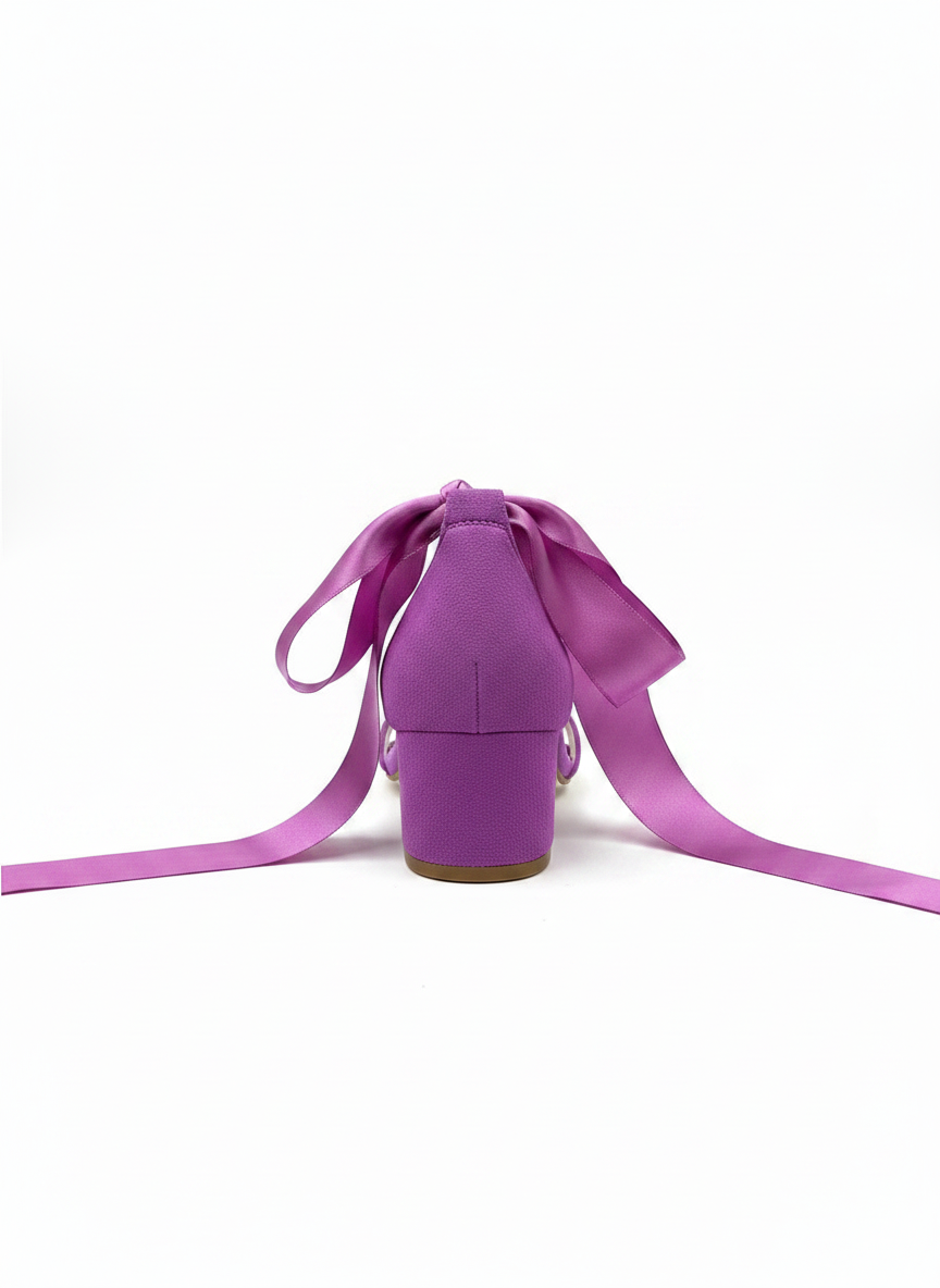Rova Fuchsia Suede Satin Ribbon Ankle Strap Block Heel Sandal – detail view showing satin, suede, SimmiUnique