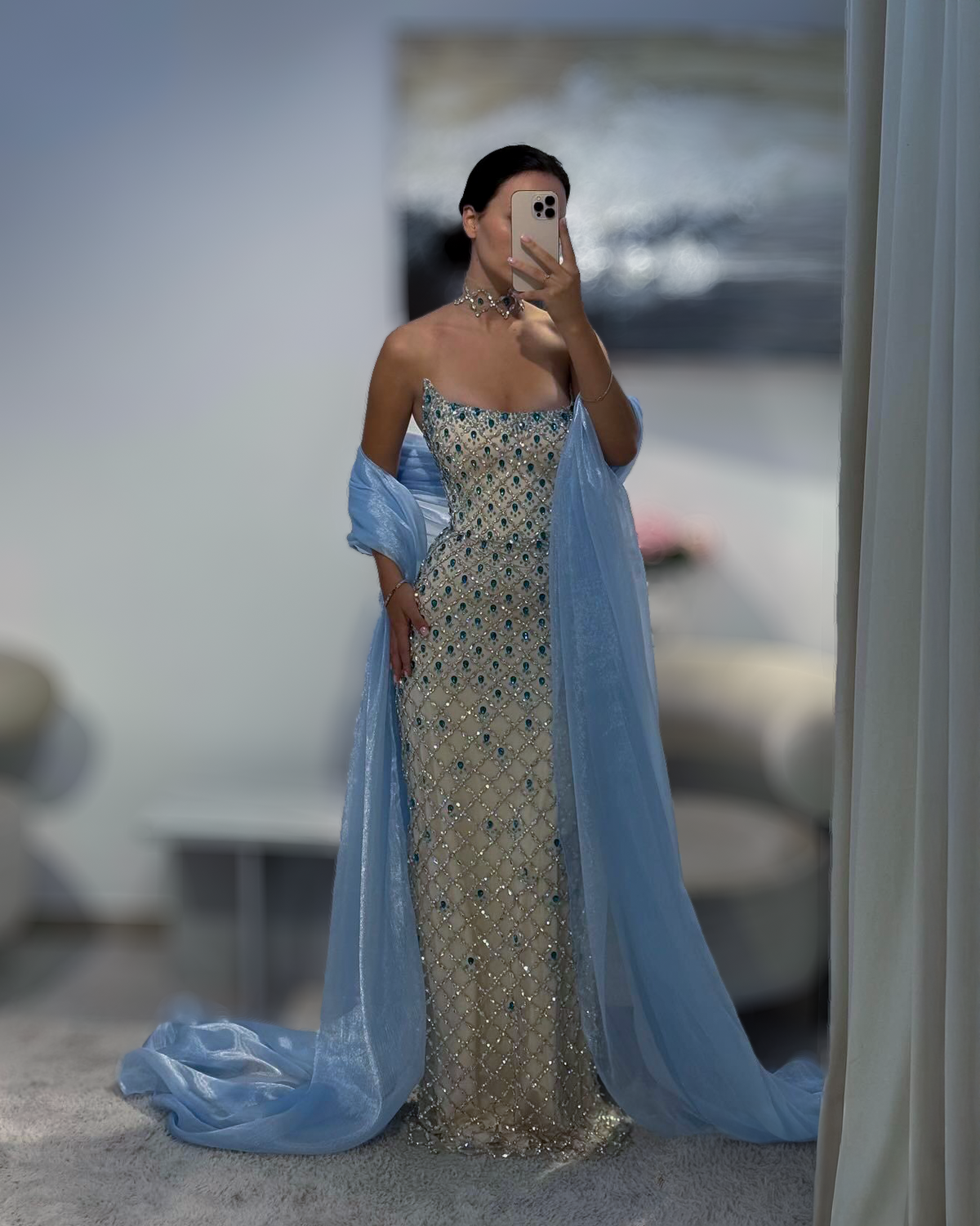 Ice Blue Crystal Column Gown With Draped Shawl - image 2
