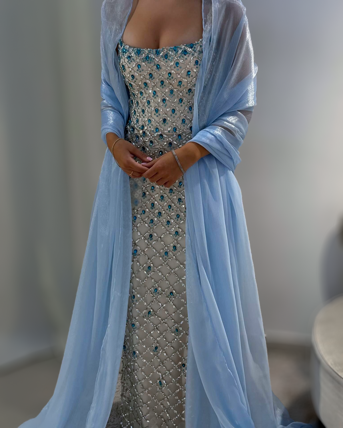 Ice Blue Crystal Column Gown With Draped Shawl - image 3