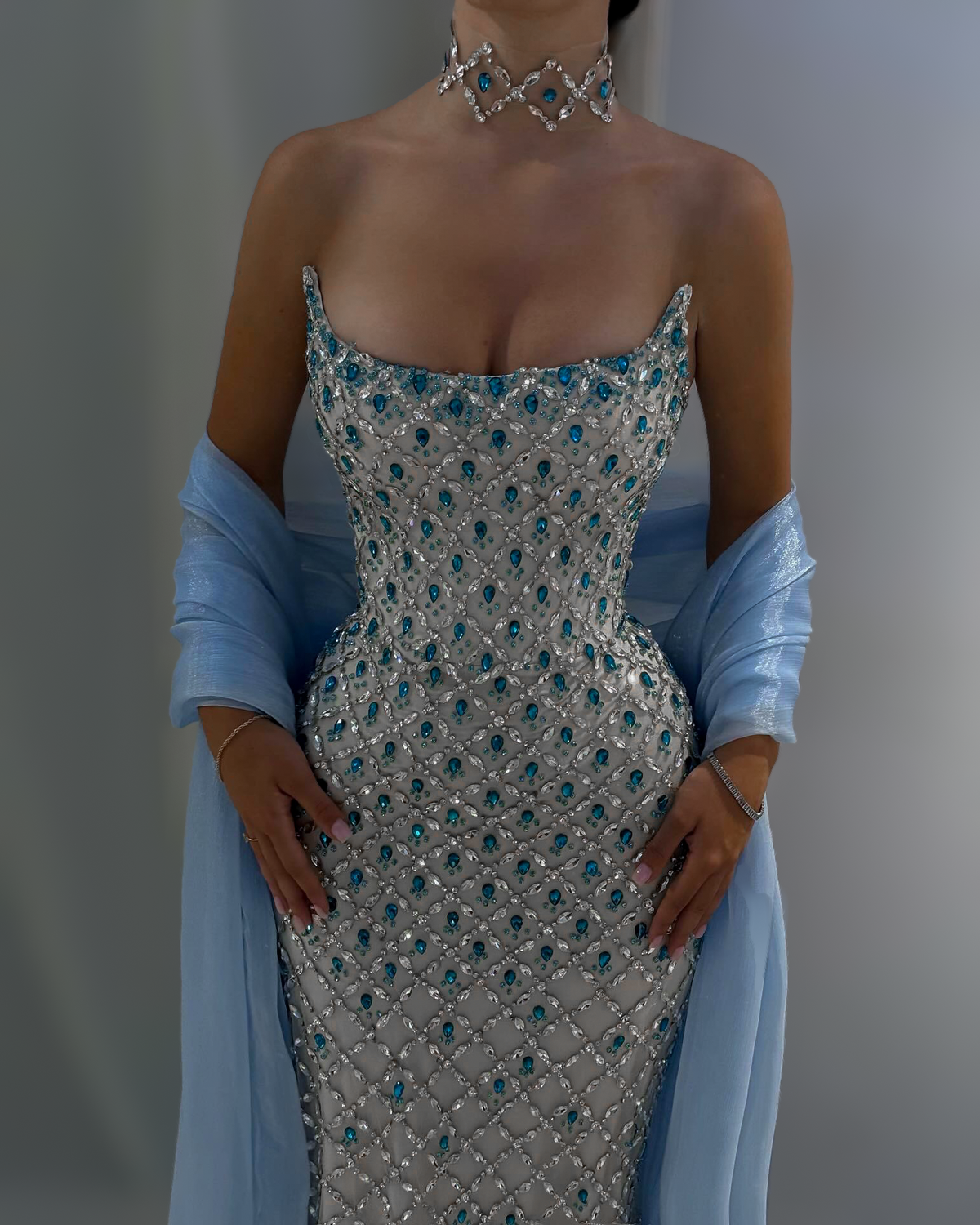 Ice Blue Crystal Column Gown With Draped Shawl - image 4