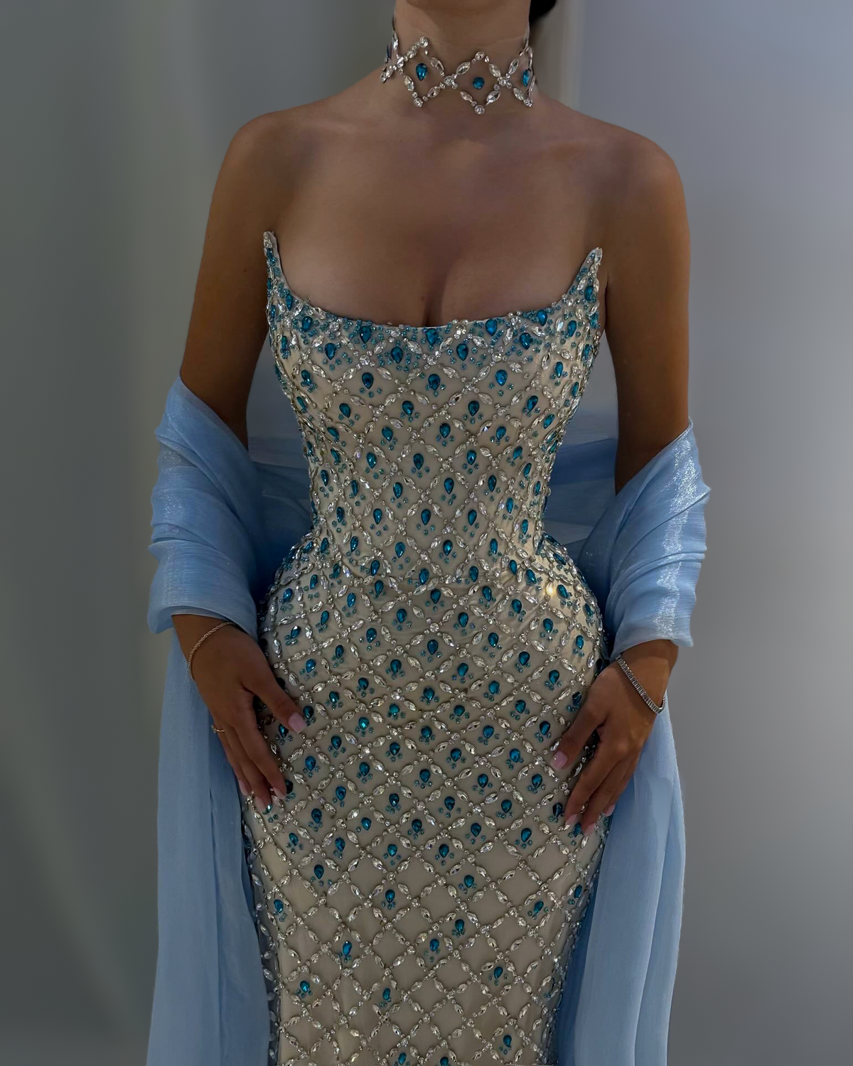 Ice Blue Crystal Column Gown With Draped Shawl - image 6