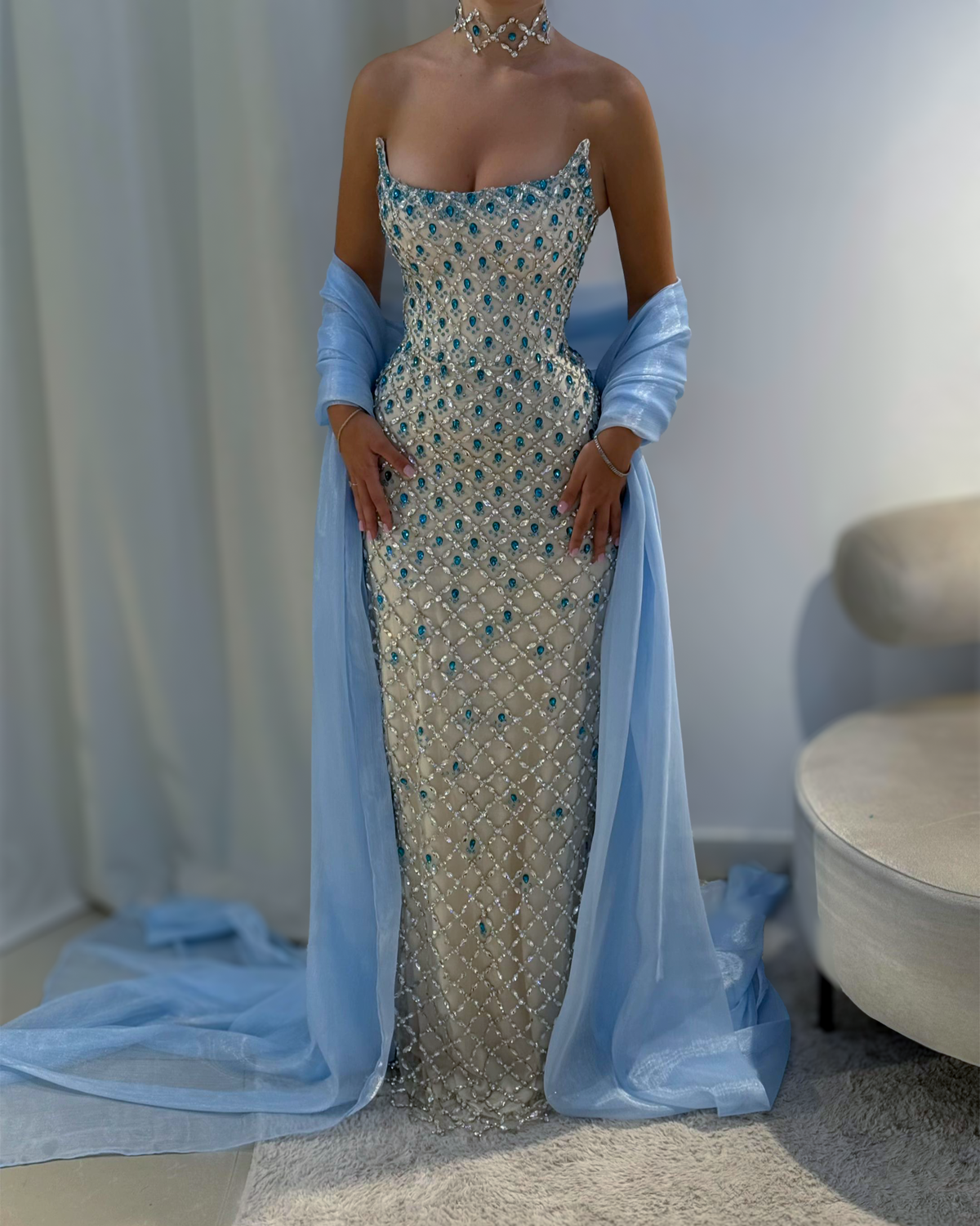 Ice Blue Crystal Column Gown With Draped Shawl - image 9