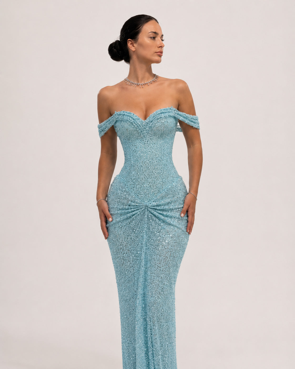 Ice Blue Sequin Off Shoulder Corset Prom Dress - image 2