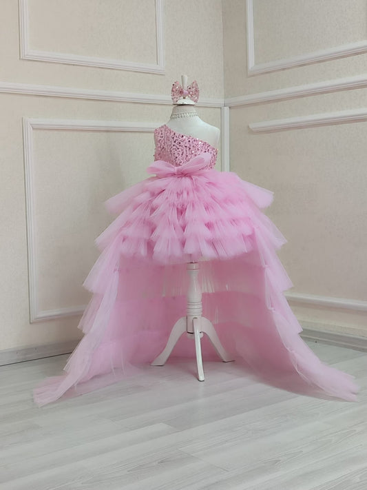Pink Tulle Train Birthday Girl Dress