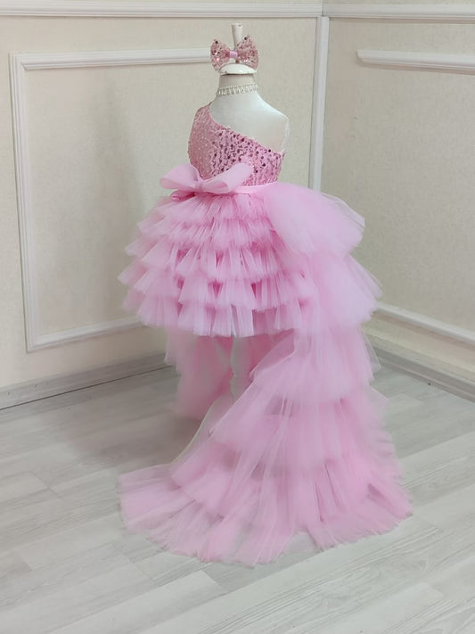 Pink Tulle Train Birthday Girl Dress