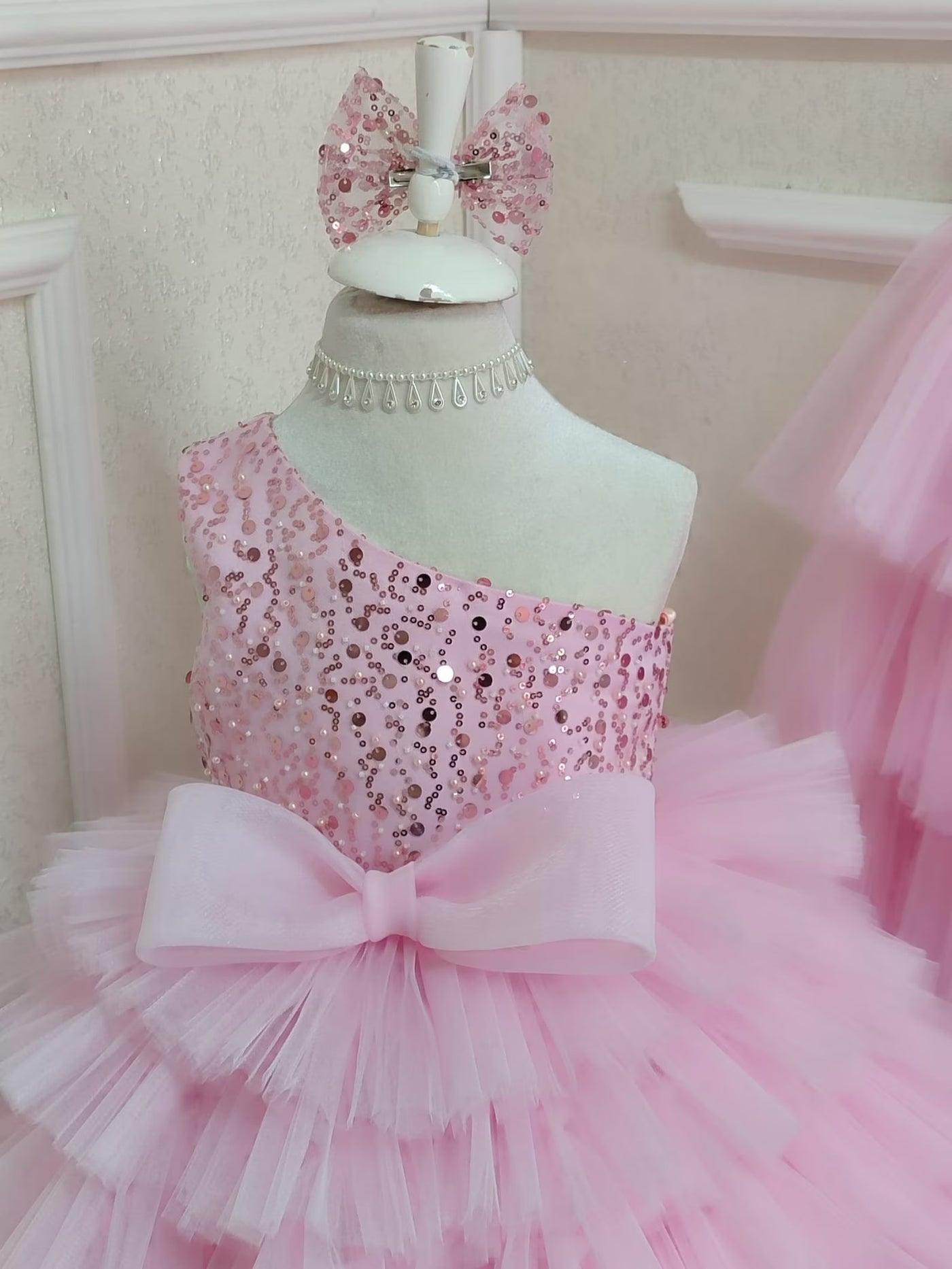 Pink Tulle Train Birthday Girl Dress – side view