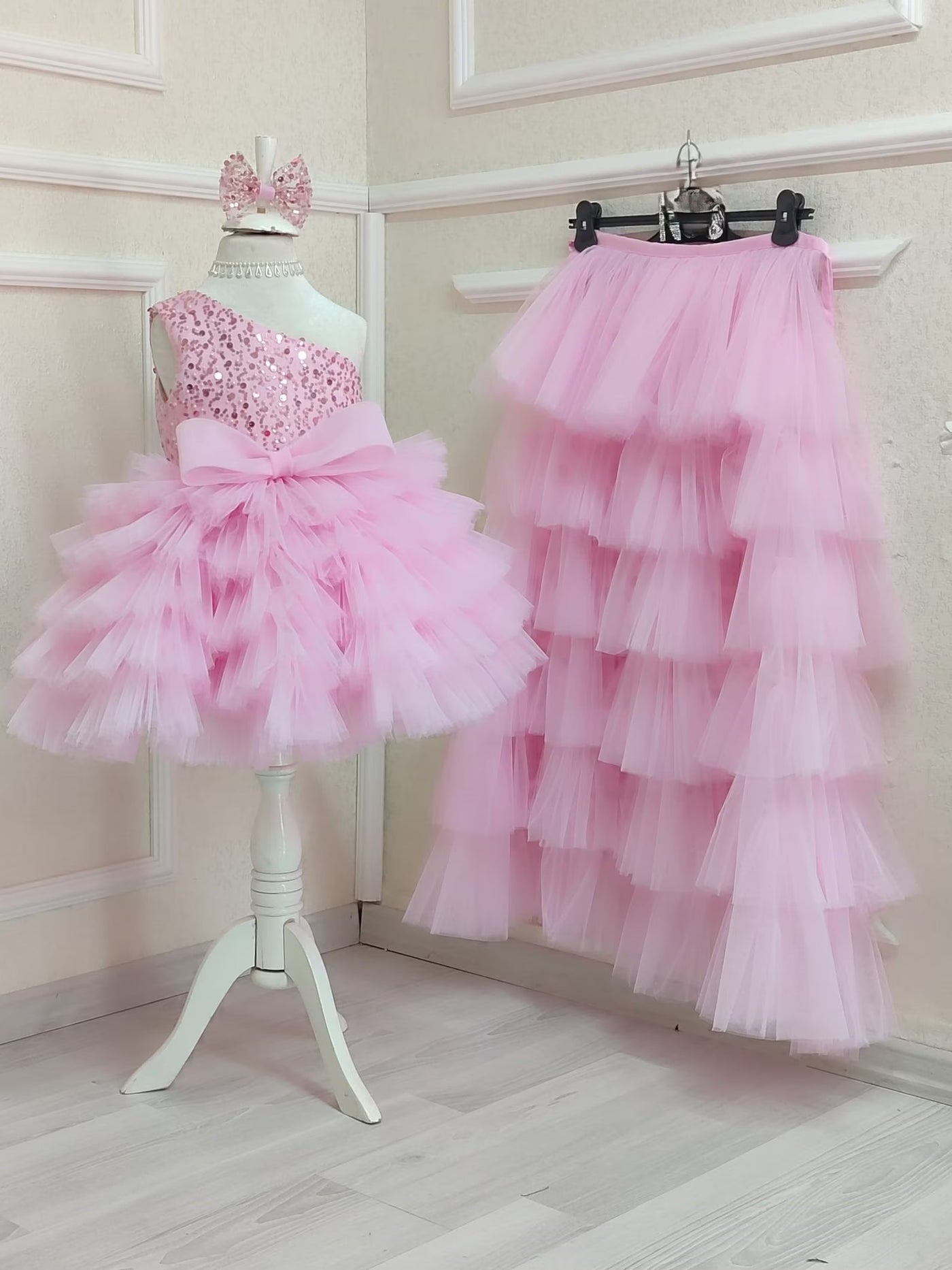 Pink Tulle Train Birthday Girl Dress – full outfit view