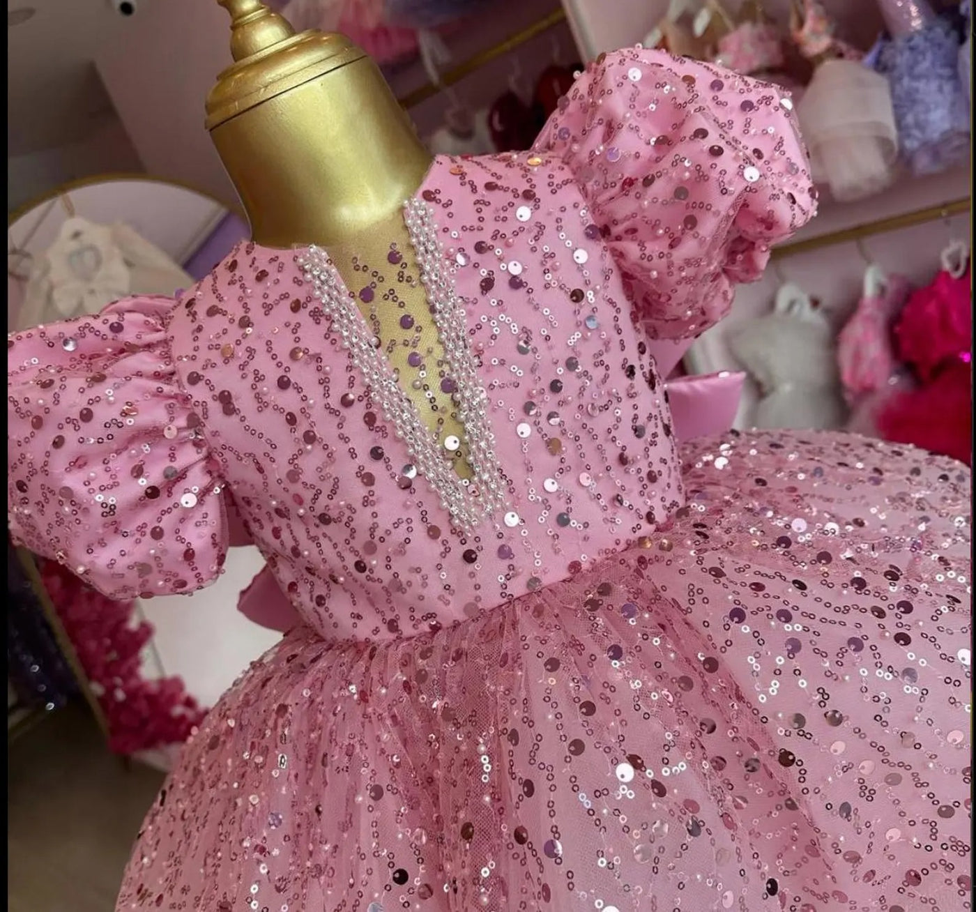 Pink Pearl Back V Puffy Baby Girl Birthday Dress – close-up