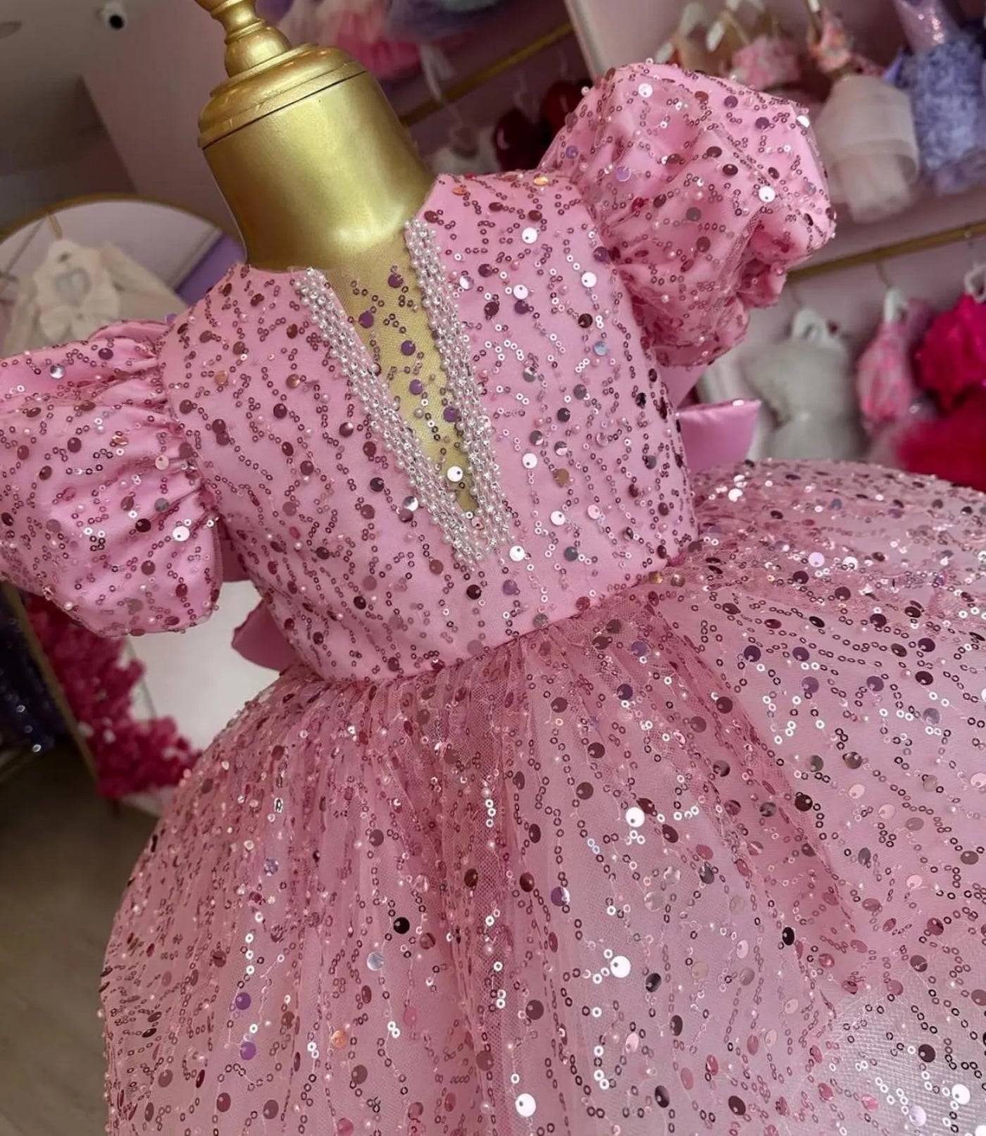 Pink Pearl Back V Puffy Baby Girl Birthday Dress – styled look
