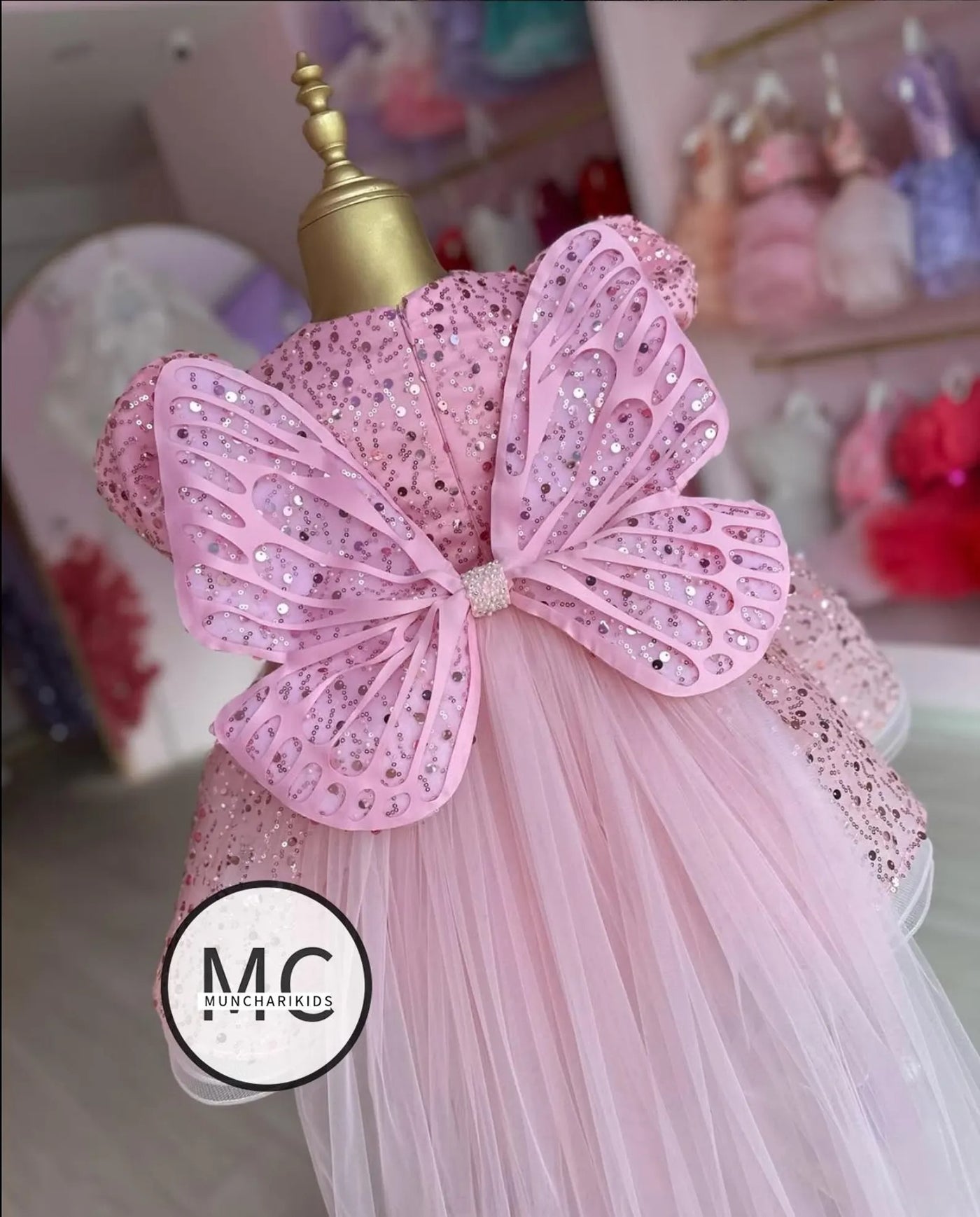 Pink Pearl Back V Puffy Baby Girl Birthday Dress – full outfit view