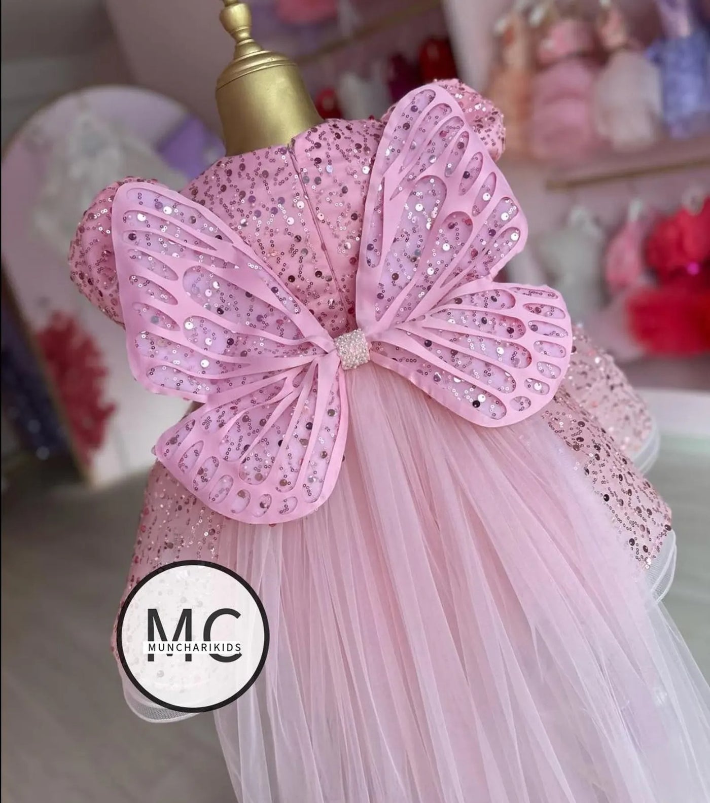 Pink Pearl Back V Puffy Baby Girl Birthday Dress for birthdays