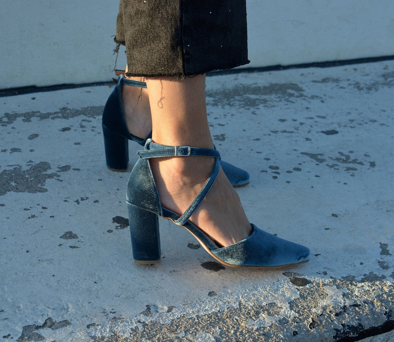 Teal Blue Velvet Block Heels – detail shot