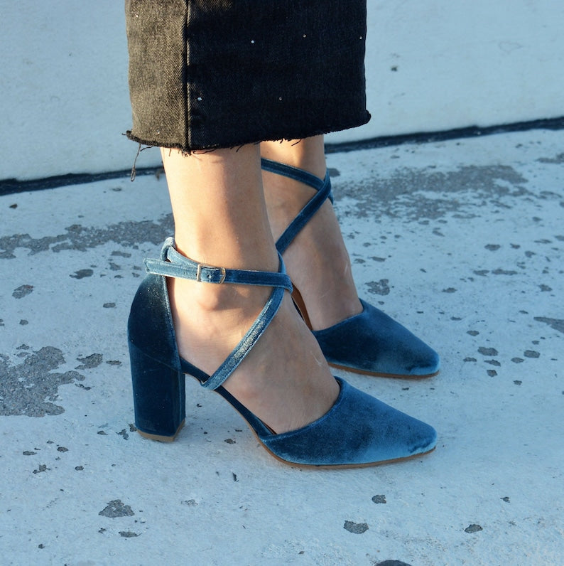 Teal Blue Velvet Block Heels – styled look