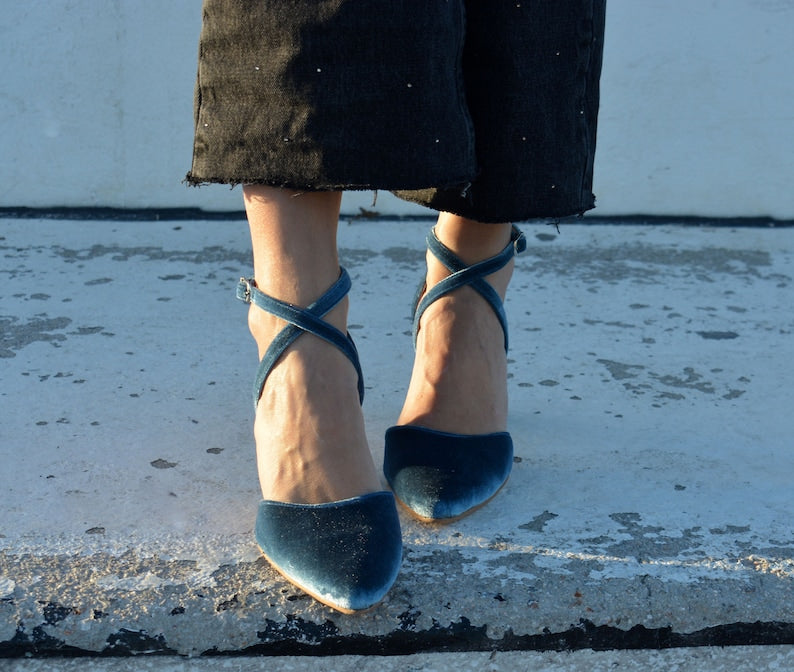 Teal Blue Velvet Block Heels – full outfit view