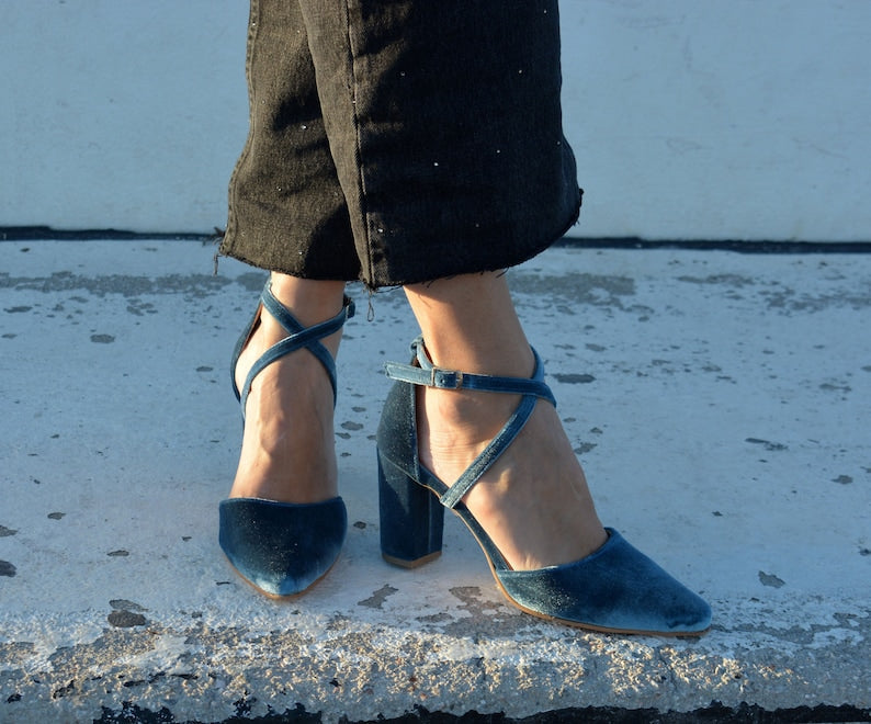 Teal Blue Velvet Block Heels – close-up