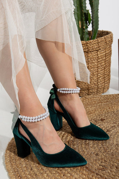 Green Velvet Shoes with Pearls