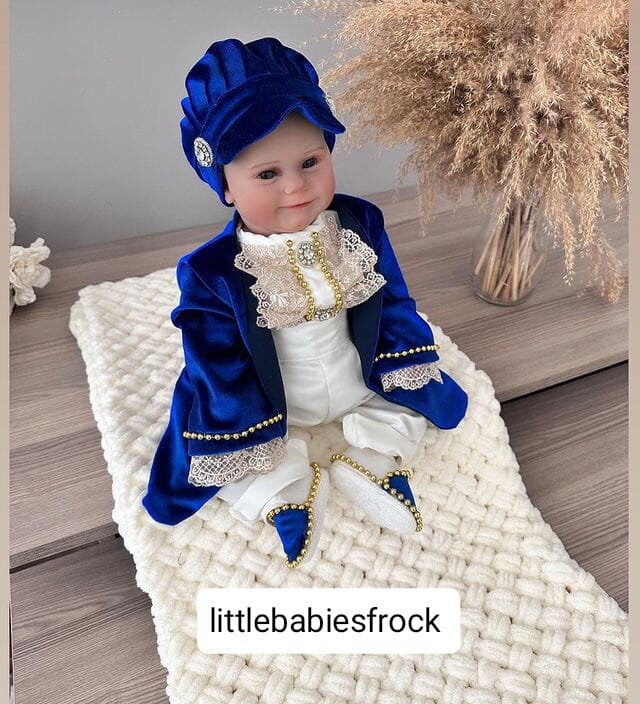 Prince Charming Costume: Royal Blue Velvet Baby Suit – detail shot