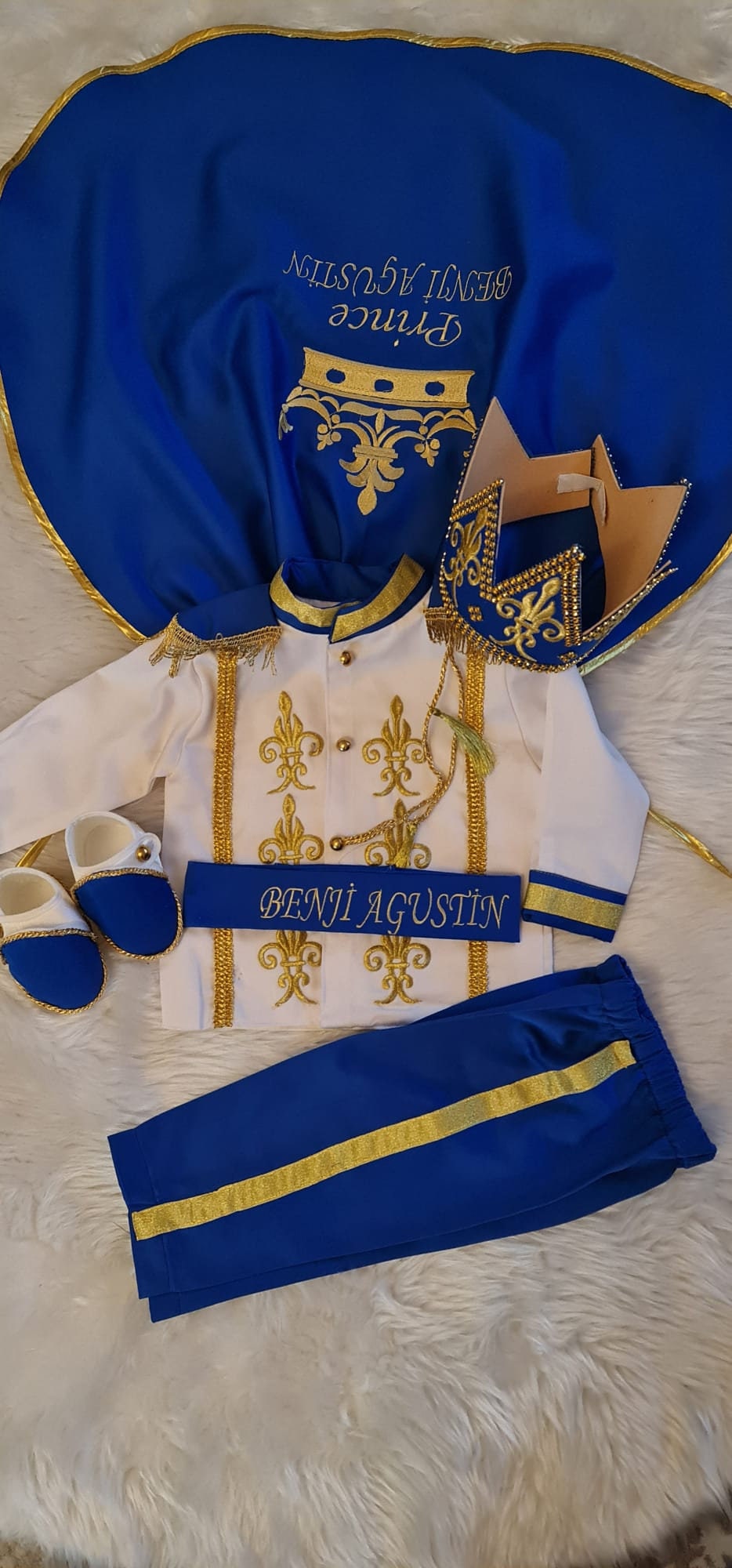 Baby Boy Prince Costume: Blue & Gold Birthday Outfit – styled look