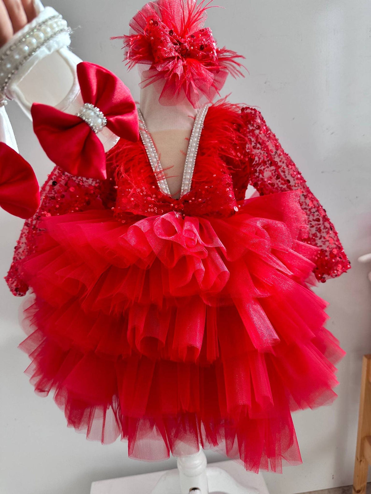 Baby Girl First Birthday Outfit: Red Sequin Dress & Flower Crown – detail shot