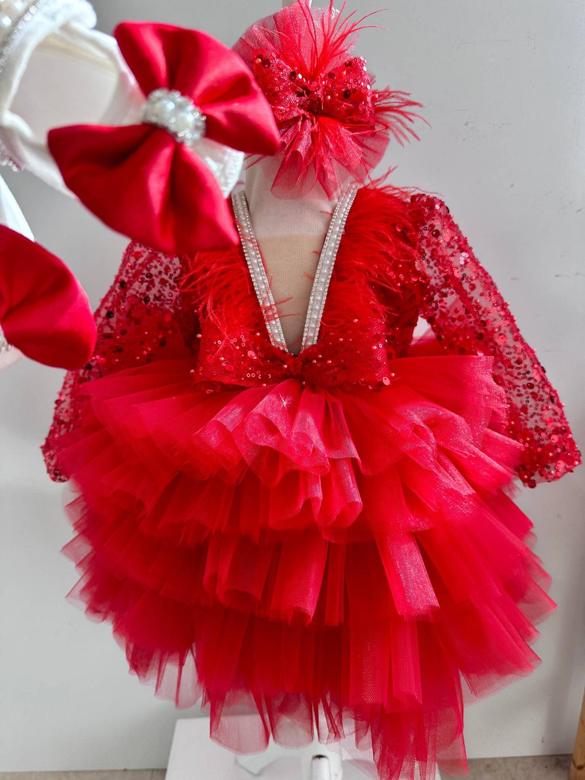 Baby Girl First Birthday Outfit: Red Sequin Dress & Flower Crown – styled look