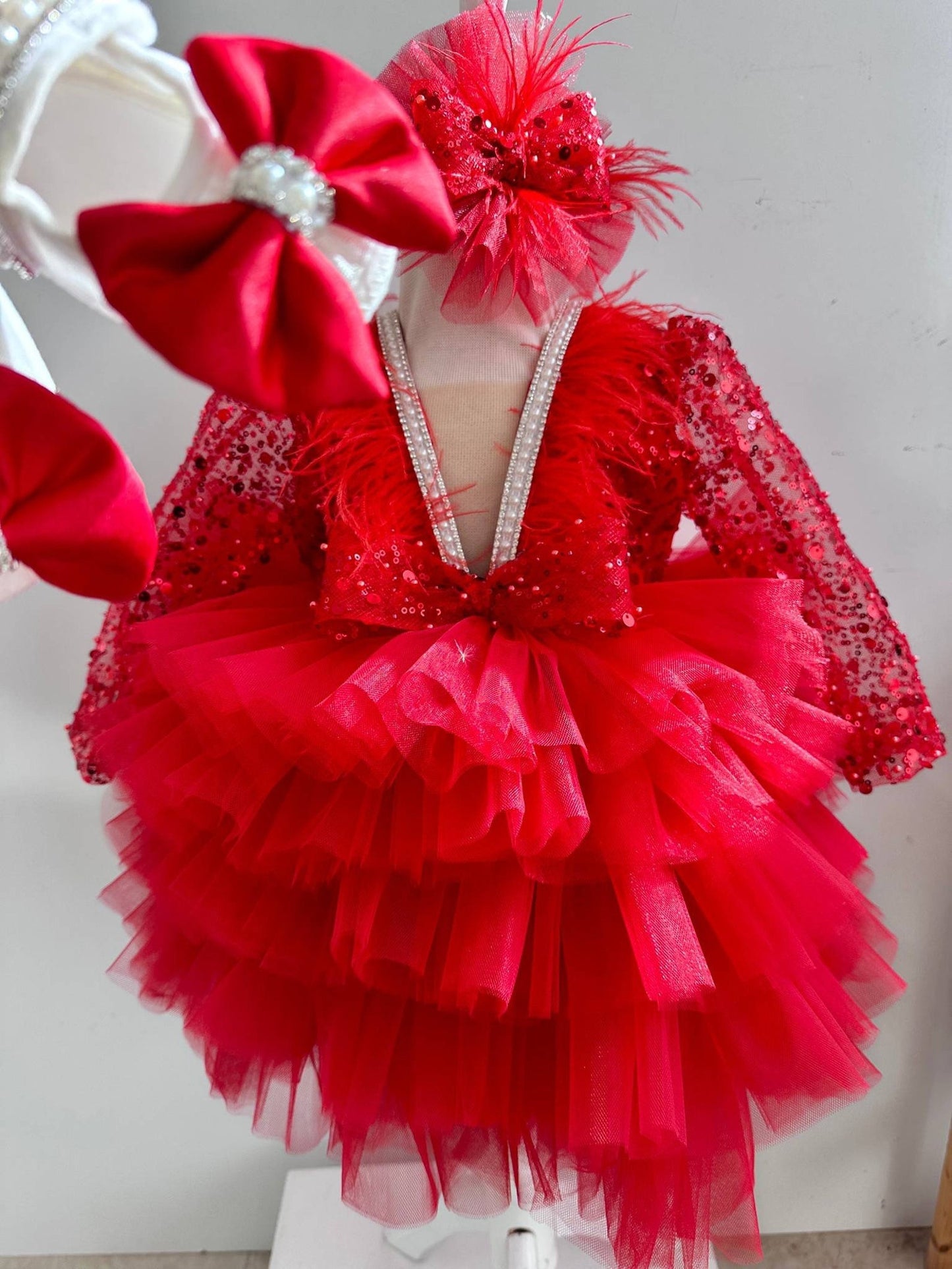 Baby Girl First Birthday Outfit: Red Sequin Dress & Flower Crown