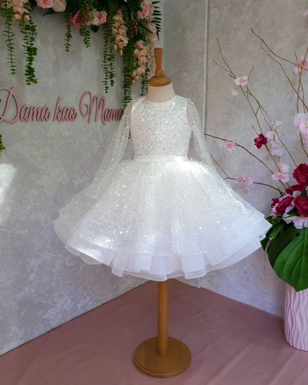 Handmade Sequin Tutu Dress: White Puffy Princess Flower Girl Dress