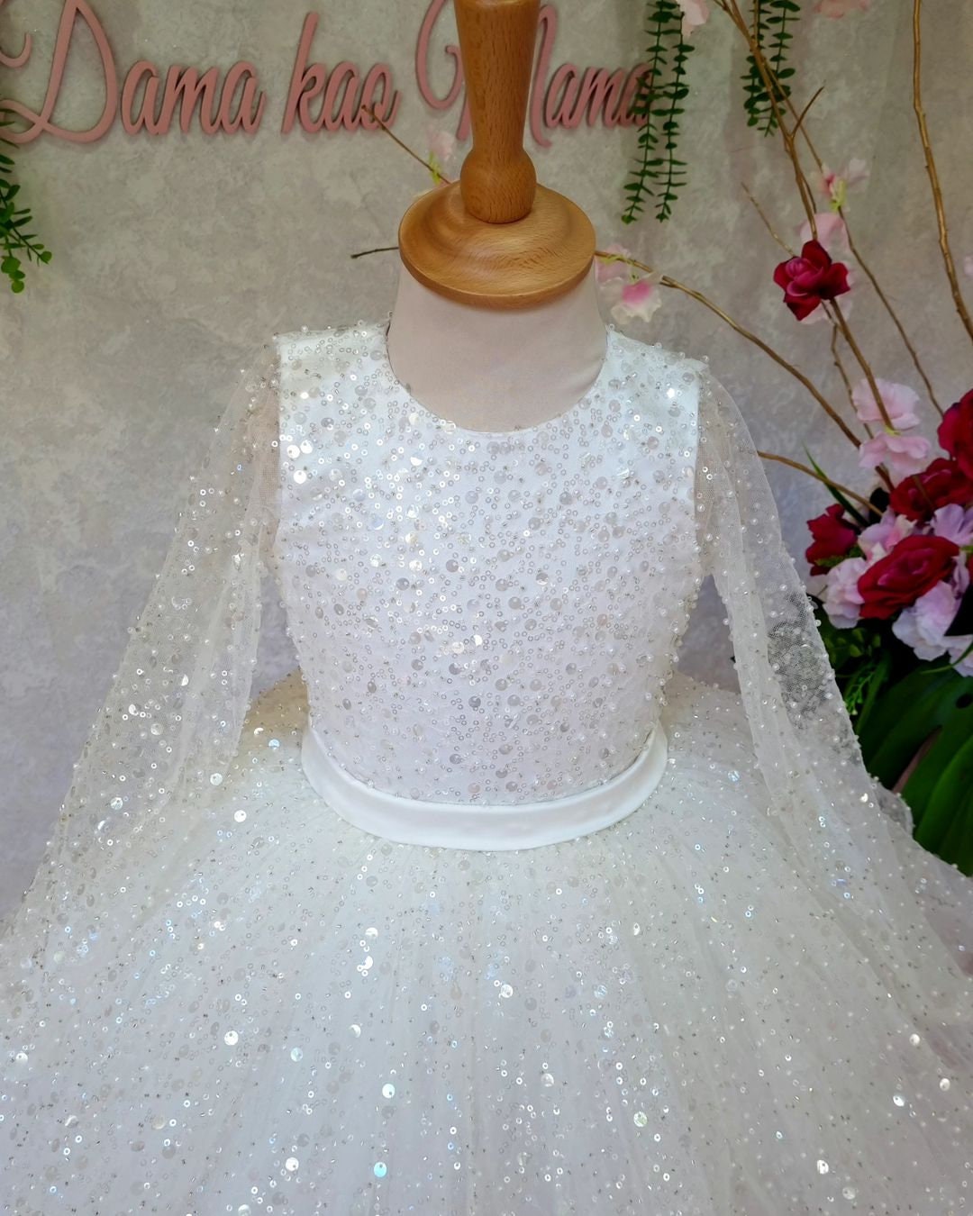 Handmade Sequin Tutu Dress: White Puffy Princess Flower Girl Dress