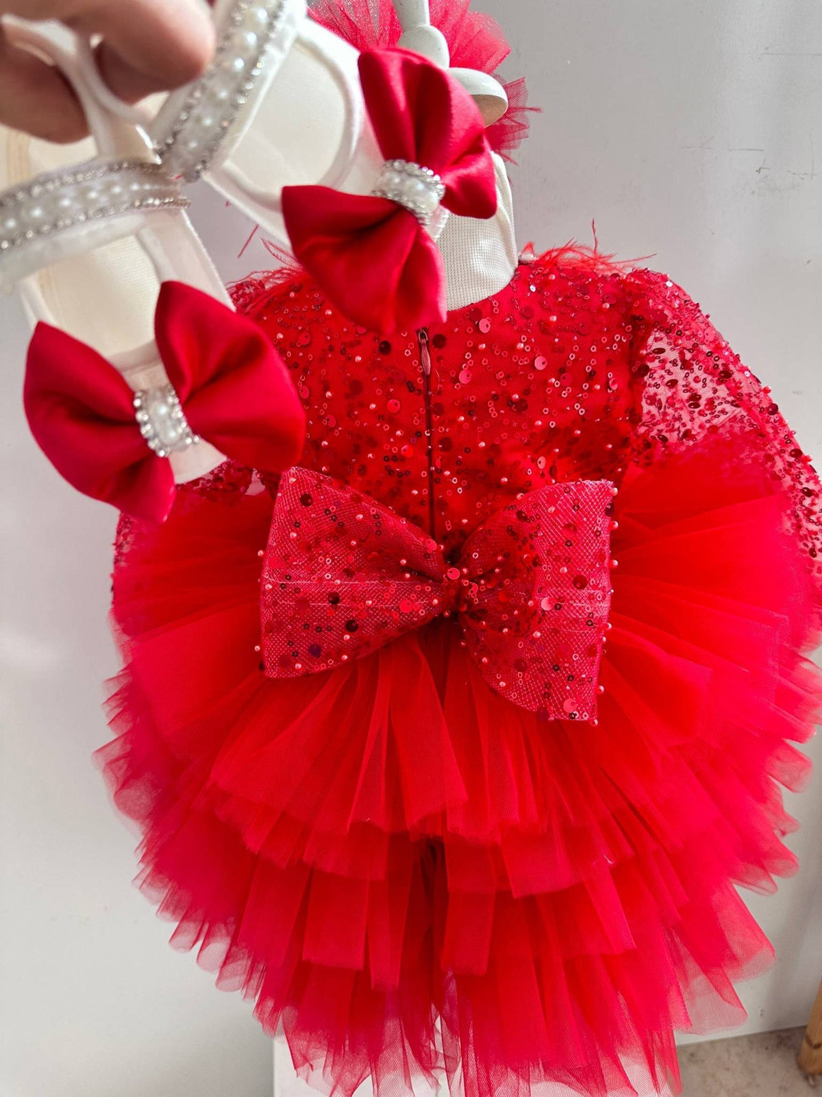 Baby Girl First Birthday Outfit: Red Sequin Dress & Flower Crown – close-up
