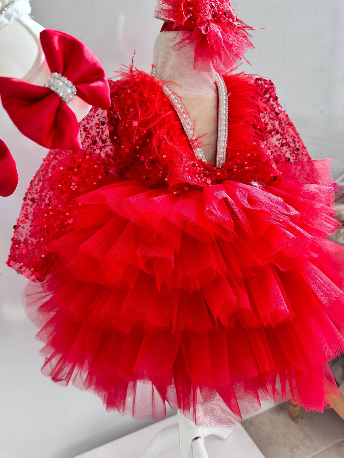 Baby Girl First Birthday Outfit: Red Sequin Dress & Flower Crown – side view