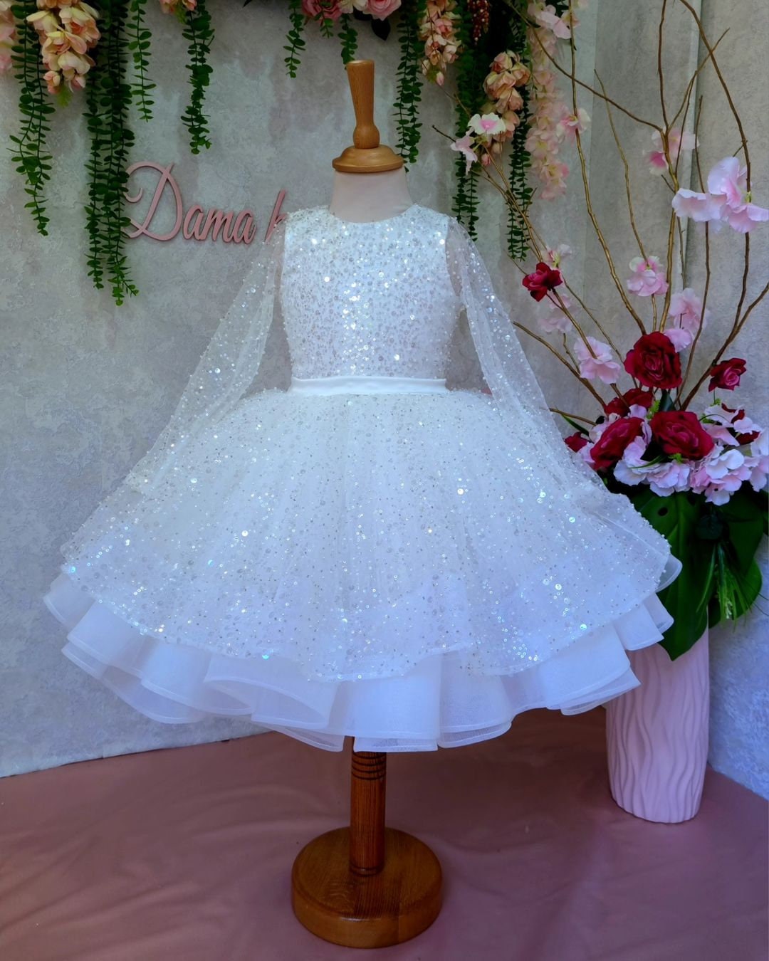 Handmade Sequin Tutu Dress: White Puffy Princess Flower Girl Dress