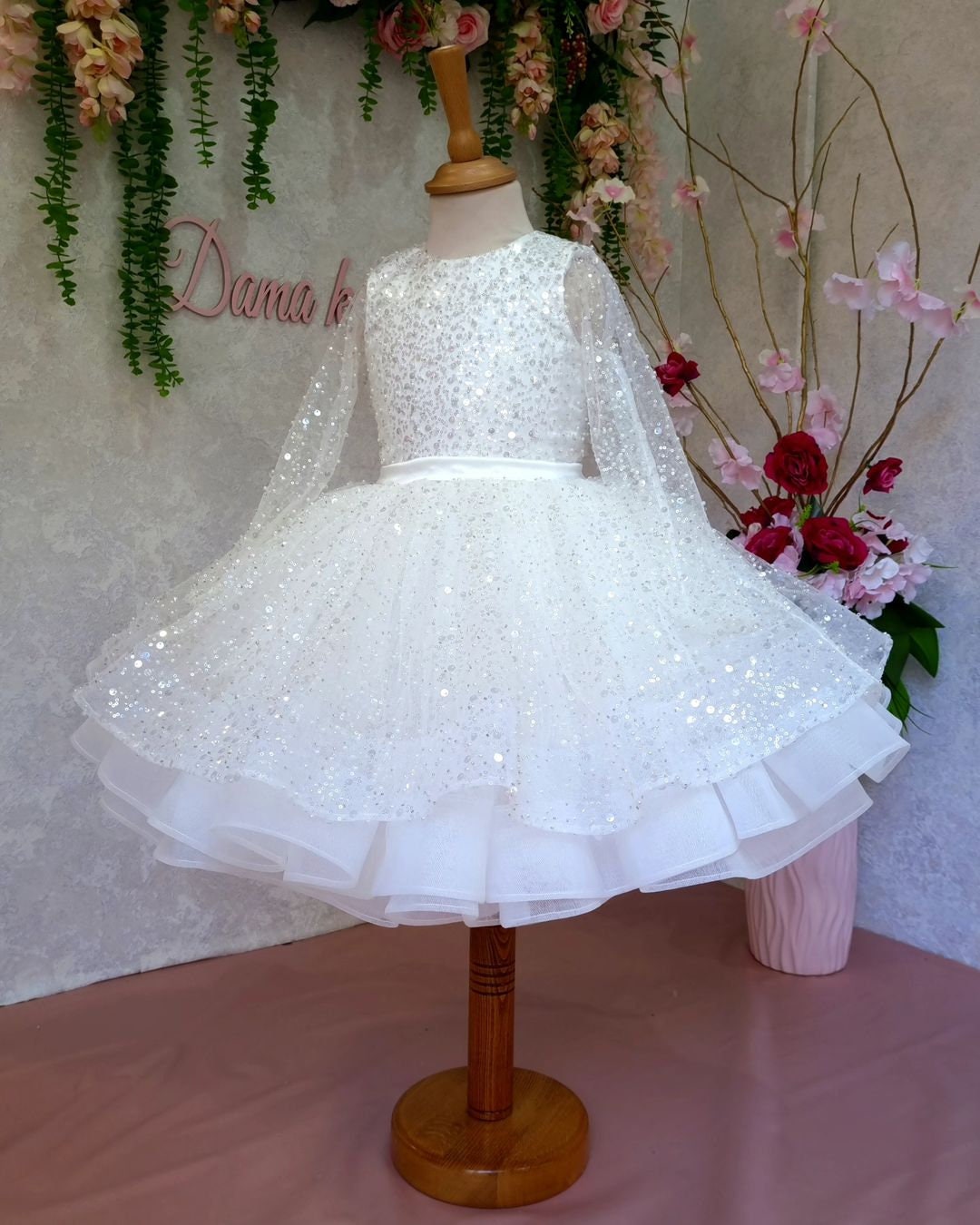 Handmade Sequin Tutu Dress: White Puffy Princess Flower Girl Dress