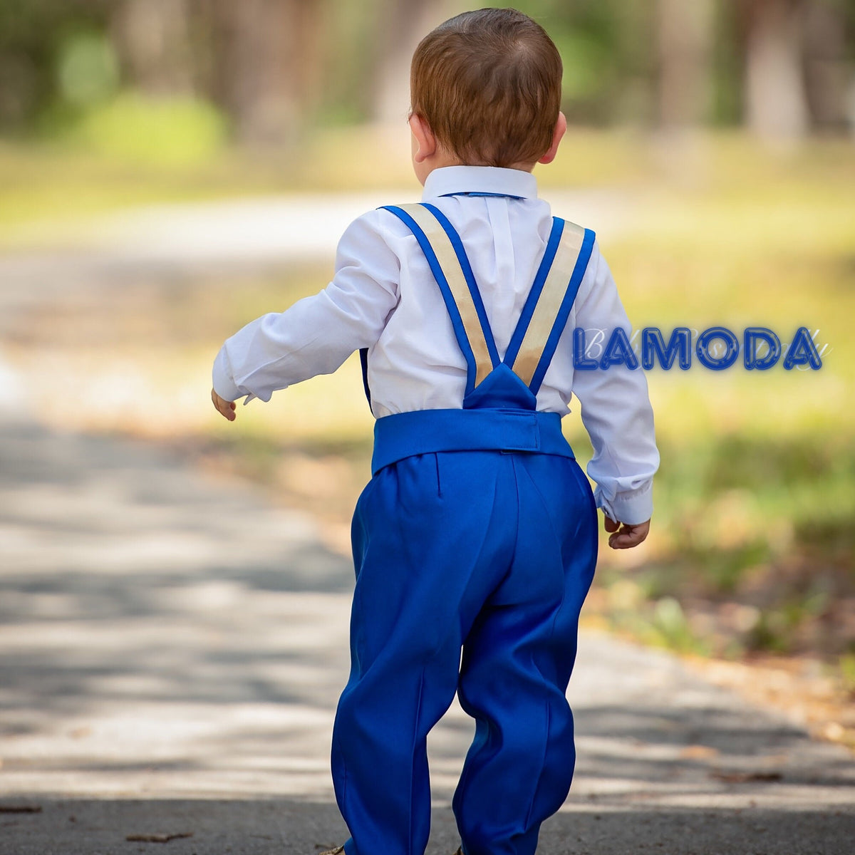Royal Blue Linen Baby Suit: Christening, Baptism Outfit – side view
