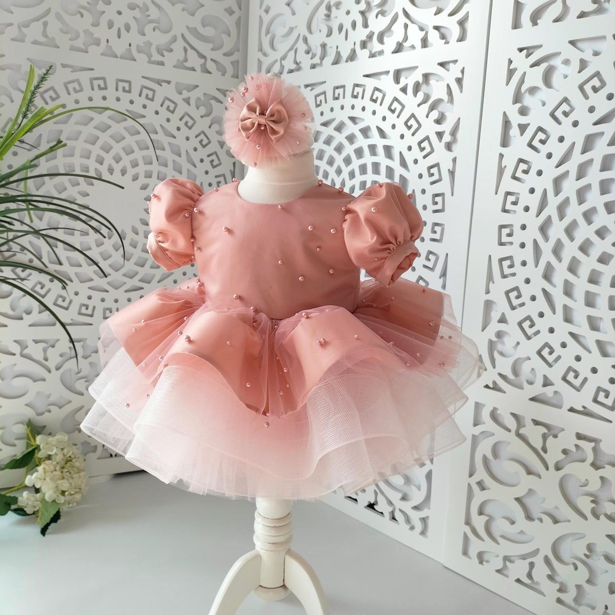 Pink Pearl Back V Puffy Baby Girl Birthday Dress (Pink) for birthdays