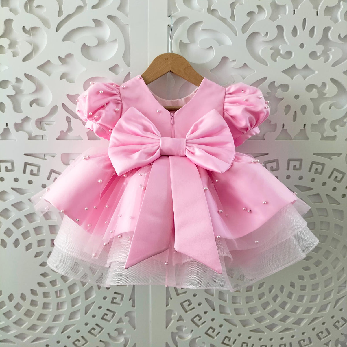 Pink Pearl Back V Puffy Baby Girl Birthday Dress (Pink) – full outfit view