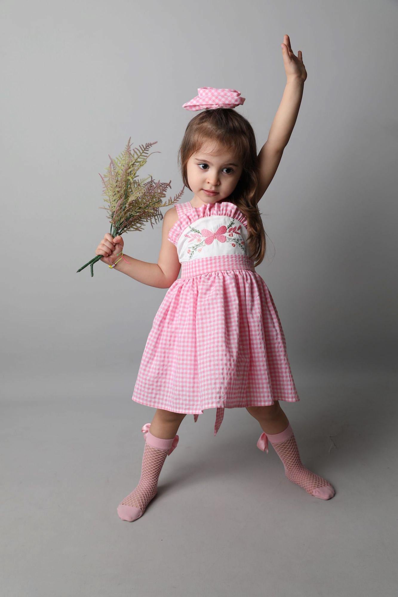 Pink Gingham Flower Girl Dress: Handmade Sequin Tulle Party Dress