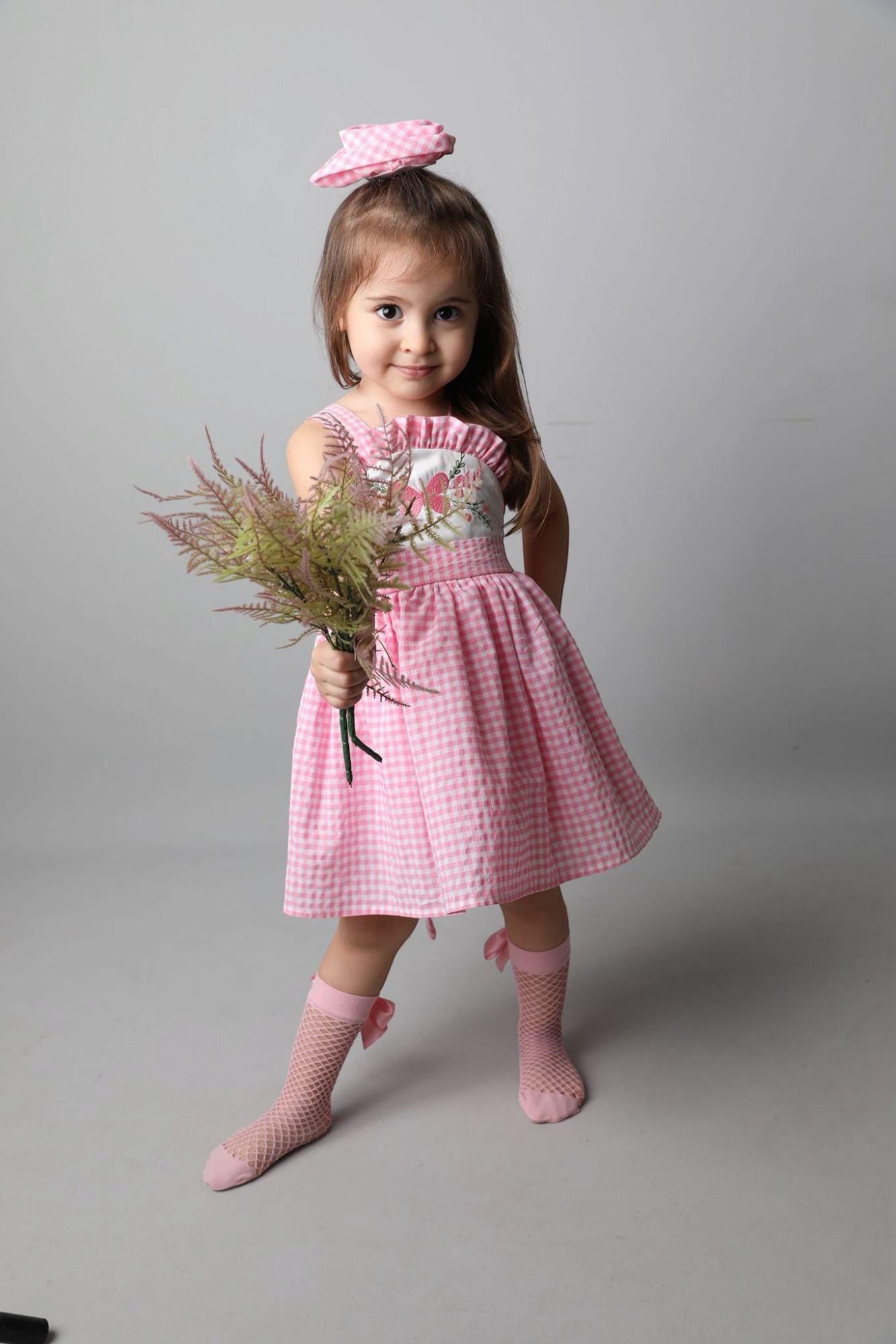 Pink Gingham Flower Girl Dress: Handmade Sequin Tulle Party Dress