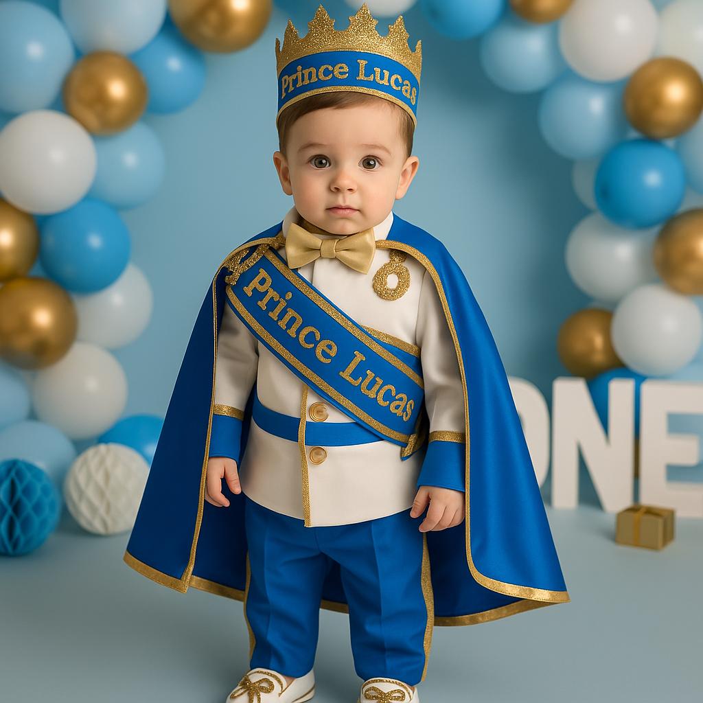 Prince 1st Birthday Outfit: Royal Blue & Gold Costume with Crown – detail shot