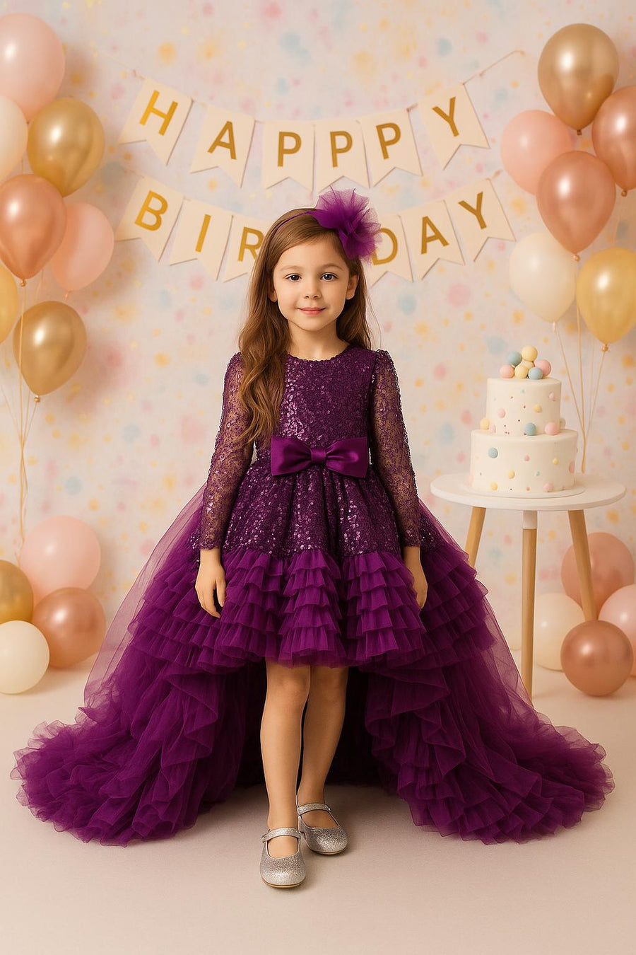 Purple Princess Birthday Dress: Sparkly Sequin Tulle Gown with Train