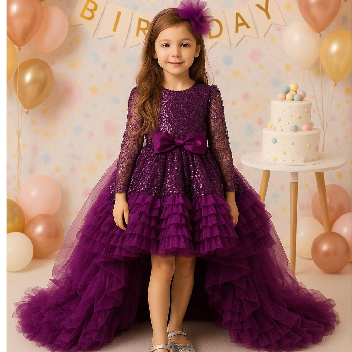 Purple Princess Birthday Dress: Sparkly Sequin Tulle Gown with Train – close-up