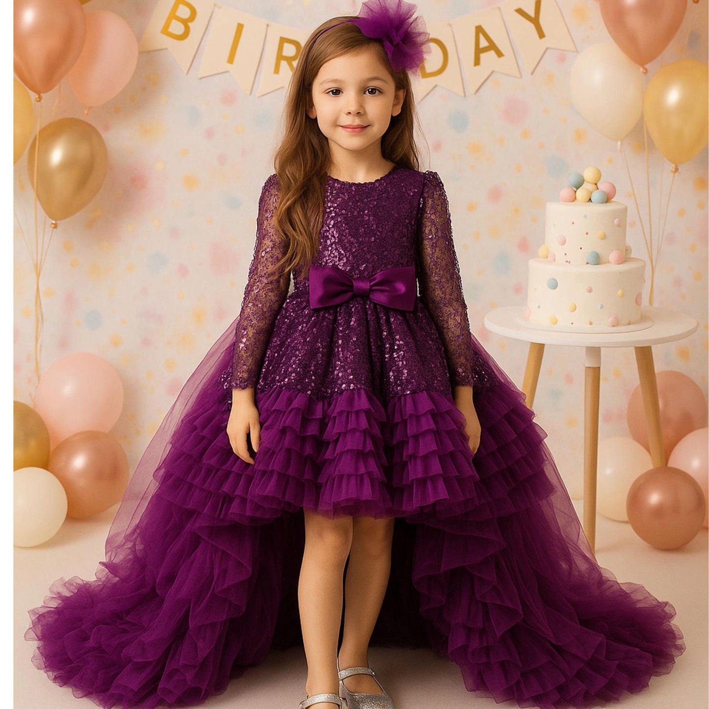 Purple Princess Birthday Dress: Sparkly Sequin Tulle Gown with Train