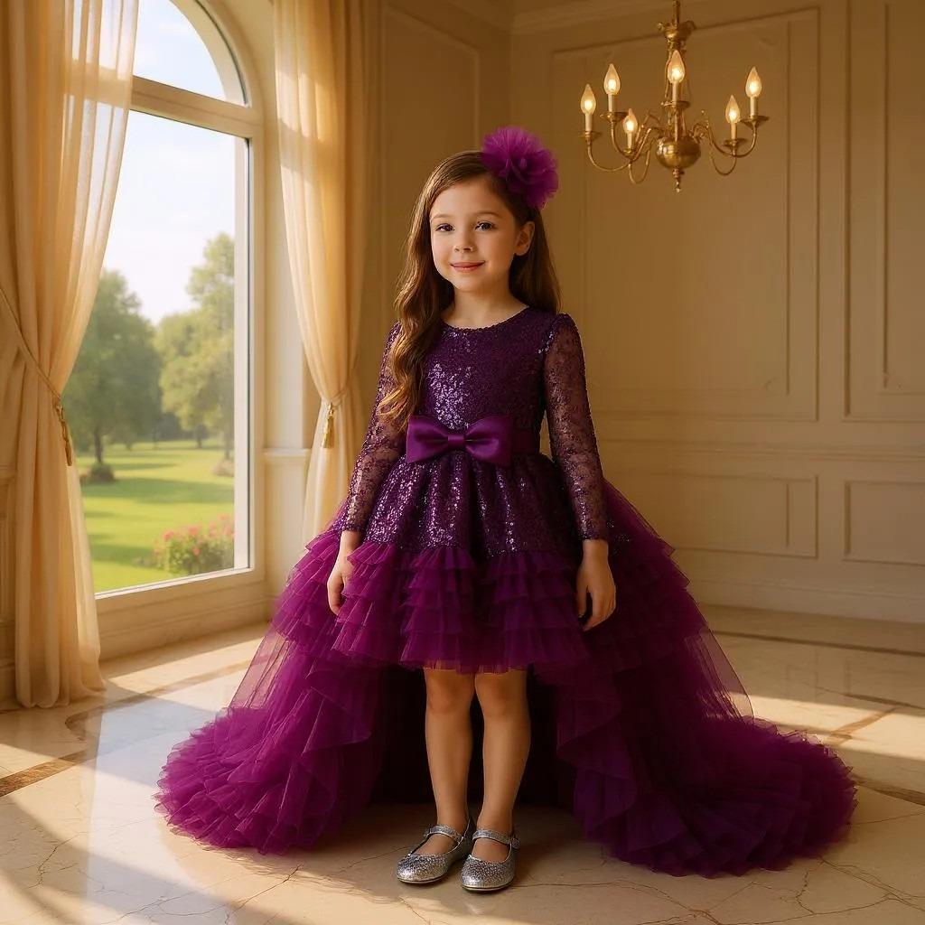 Purple Princess Birthday Dress: Sparkly Sequin Tulle Gown with Train