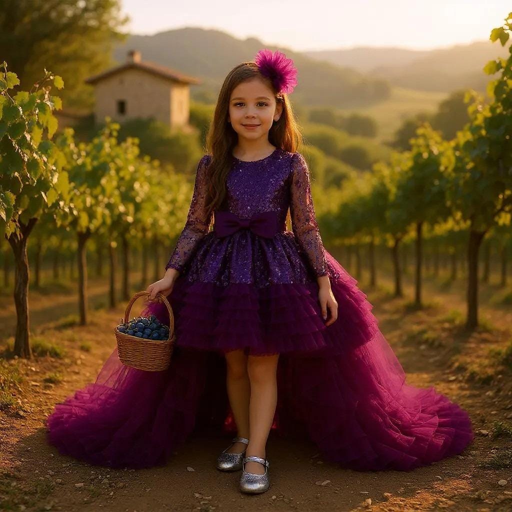 Purple Princess Birthday Dress: Sparkly Sequin Tulle Gown with Train