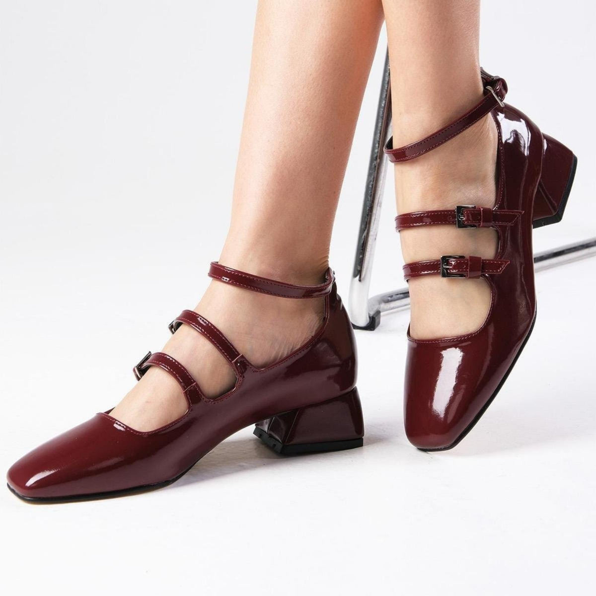 Burgundy Velvet Mary Jane Heels – side view