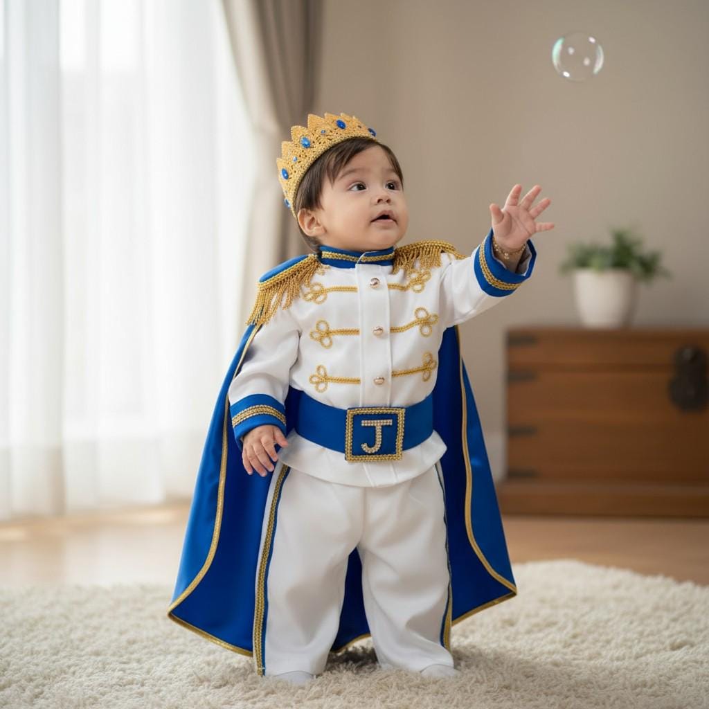 Handmade Prince Charming Baby Costume: Royal Blue & Gold Birthday Outfit