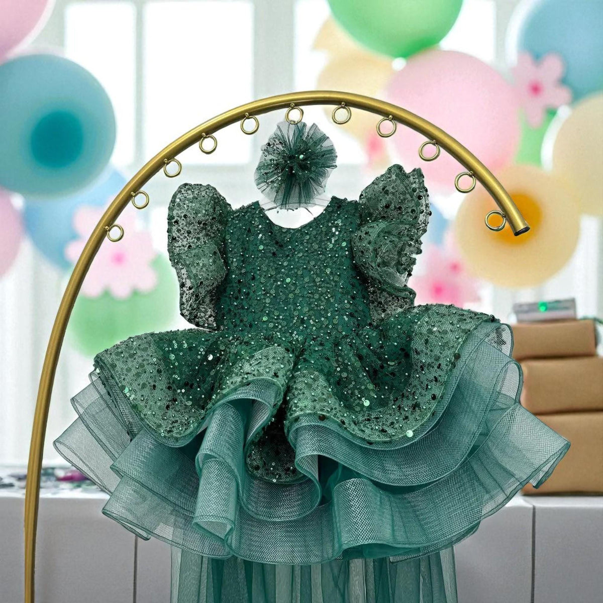 Toddler Christmas Dress: Green Tulle Holiday Party Dress – detail shot