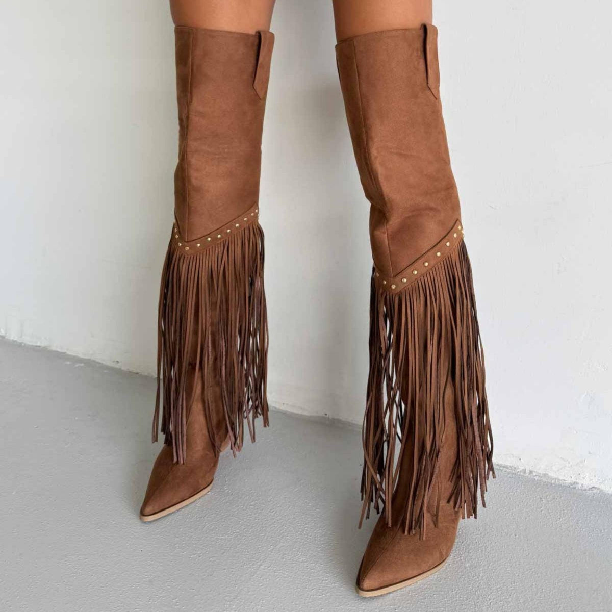 Burgundy Fringe Knee High Suede Boots – styled look