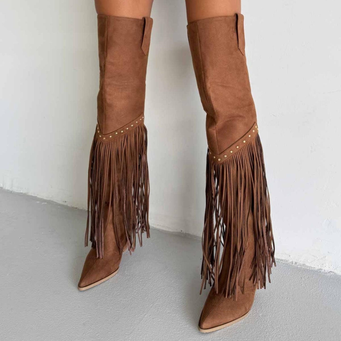 Burgundy Fringe Knee High Suede Boots | Western Cowgirl Style | Pointed Toe Block Heel Boho Boots for Women