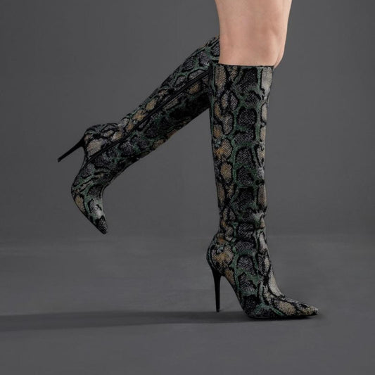 Snake Print High Heel Boots | Stiletto Knee High Boots Women | Faux Leather Python Pattern Boots | Sexy Party Heeled Boots
